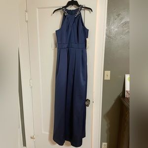 NWT navy formal gown with jewel collar.